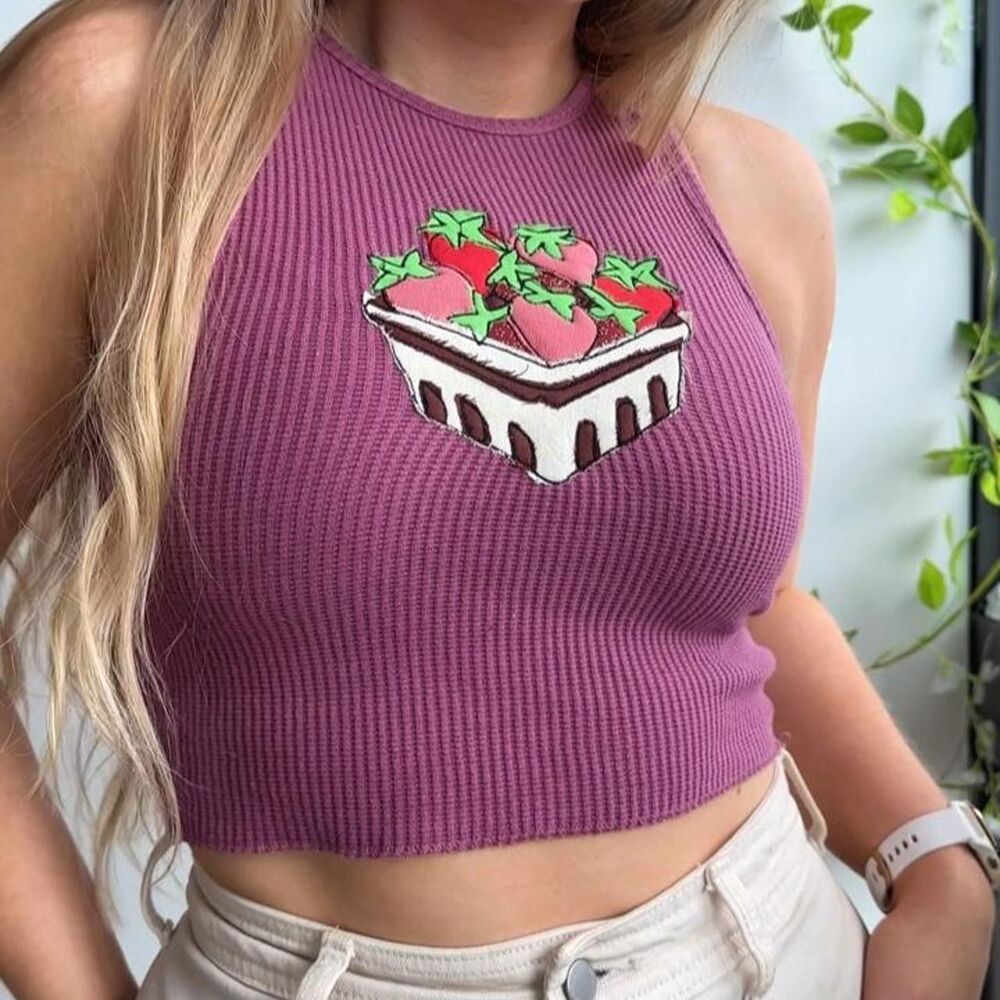 Upcycled burgundy waffle knit high neck tank strawberry embroidered appliqué